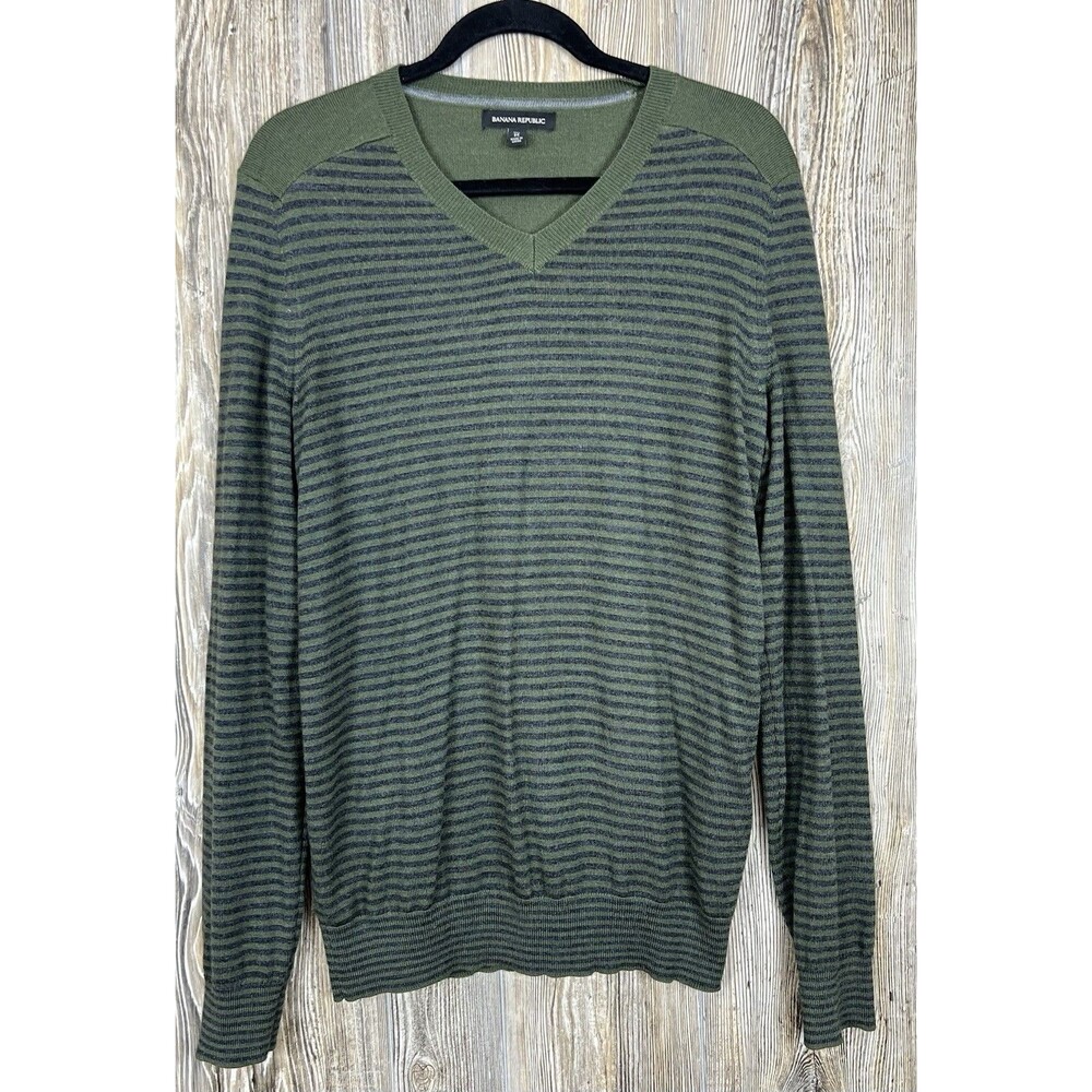 Banana Republic‎ Mens Merino Wool Blend Crewneck Sweater Green Stripe Med TALL